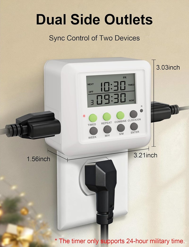 NOKMIT 3-in-1 Dual Outlet Timer Plug with Interval Cycle for Indoor, 7 Day 24 Hour Programmable Digital Repeat Timer Switch(15A, 1875W) - Image 2